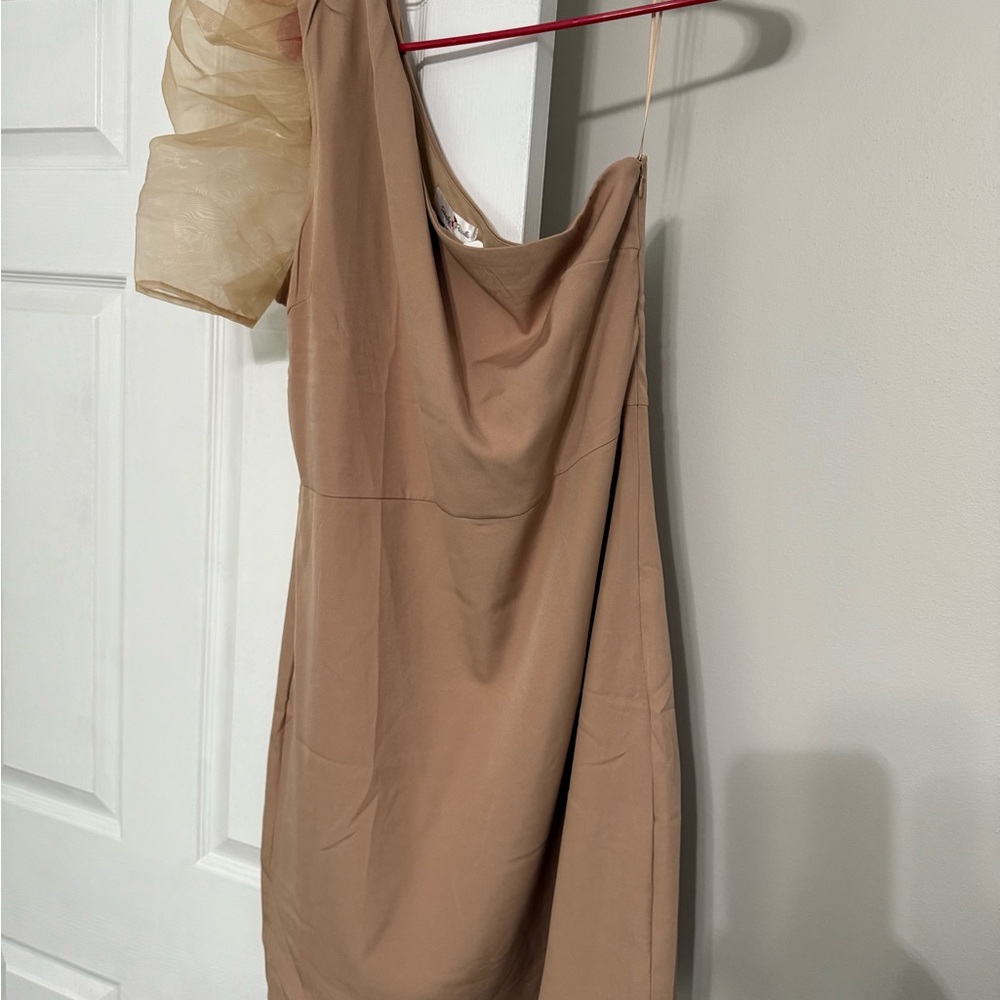 Chic One-Shoulder Tan Dress